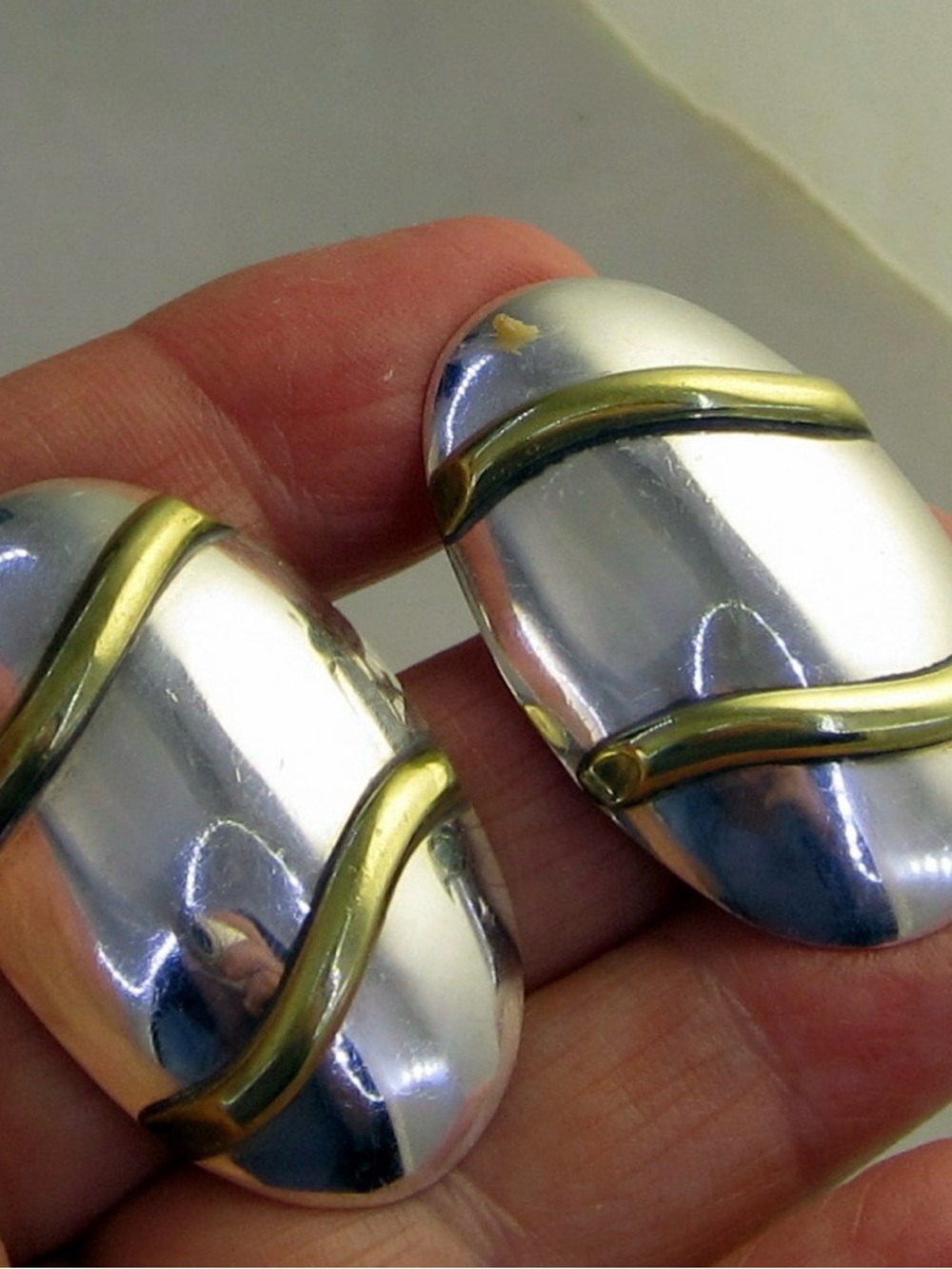 Vintage Taxco Mexico 925 Sterling + Brass Oval Wave Statement Earrings TC-17